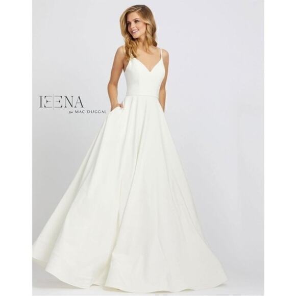 New ▶️ IEENA Mac Duggal ◀️ Classic A-Line V-Neck Ballgown Wedding White  48855 6 - Picture 1 of 16